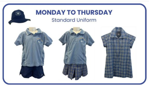 Picture of our school uniform Monday to Thursday pale blue polo shirt, blue shorts, blue tartan skort and blue tartan dress