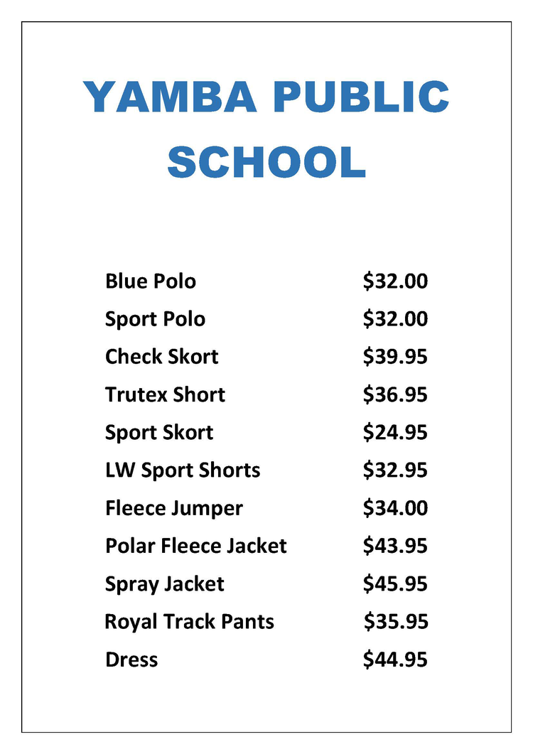 Picture of Yamba Public School uniform price list for the Maclean Uniform shop