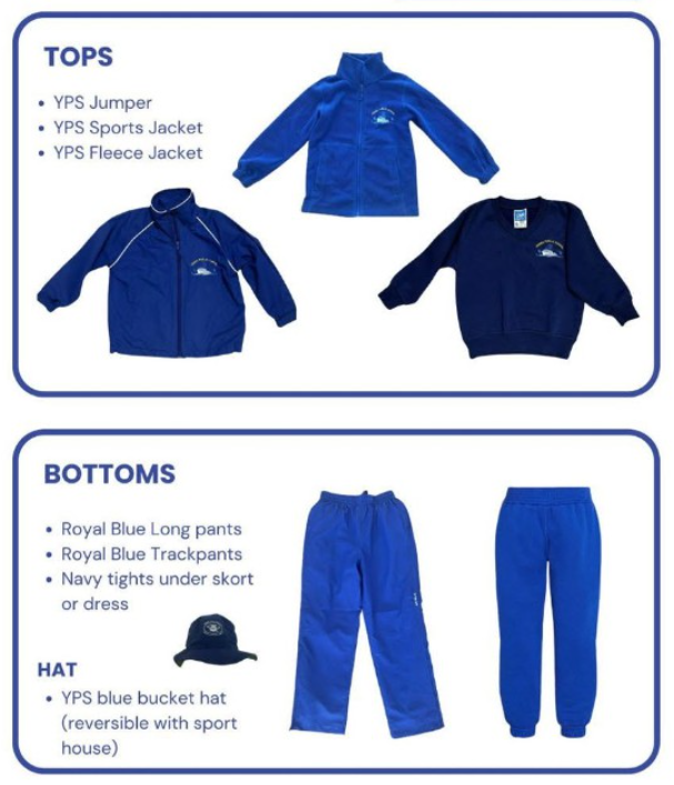 Picture of our winter school uniform showing blue Jackets, jumpers and blue pants