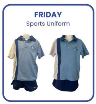 Photo of our Friday sports uniform showing light blue with white stripe polo shir and blue shorts and skorts